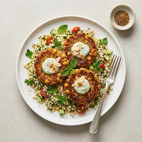Moroccan Spiced Chickpea Cakes with Herbed Pearl Couscous